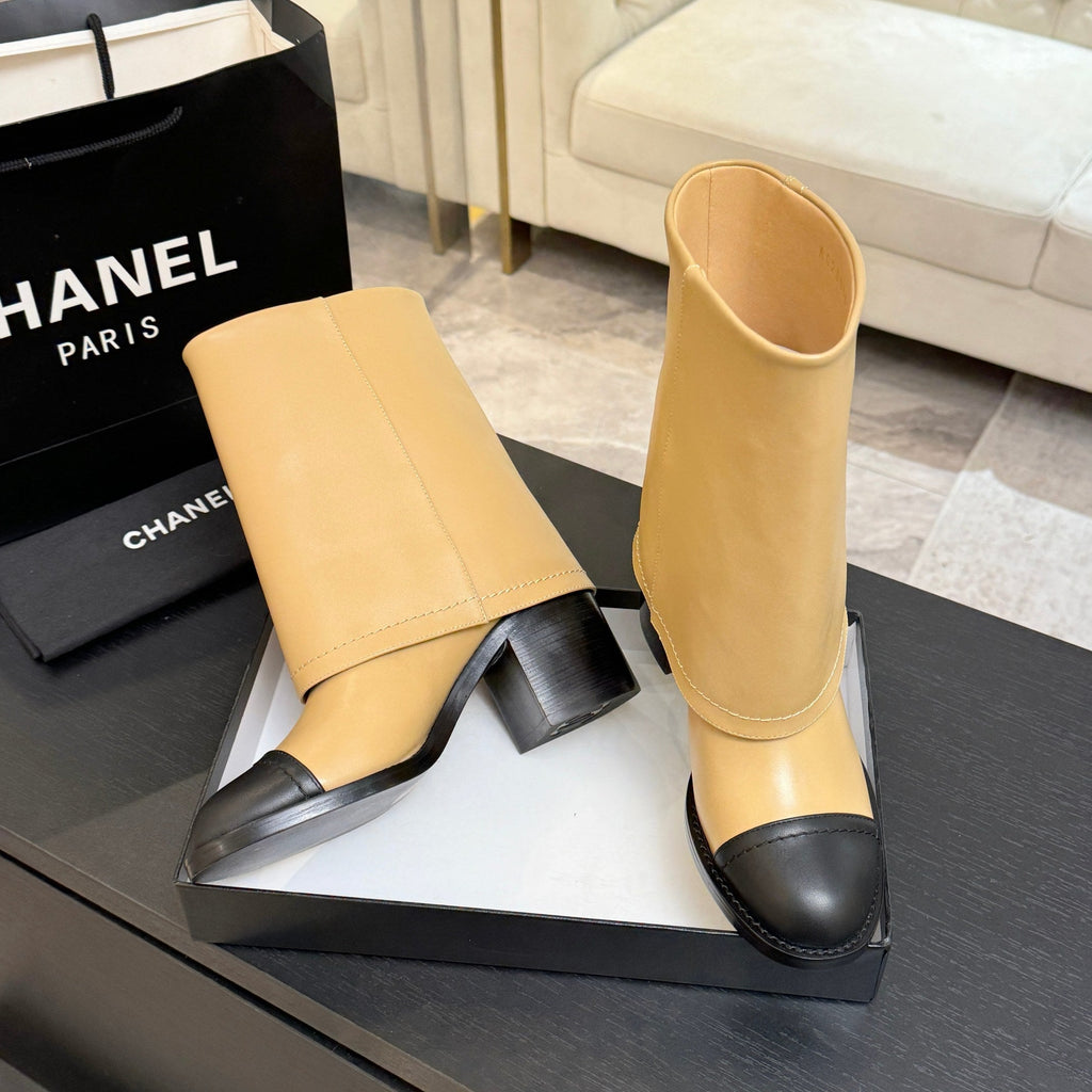 CC 26s Chunky Heel Tro r Ankle Boots Black Beige Sheepskin 673033