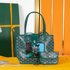 ANJOU MINI BAG 20 IN GREEN GOYARDINE CANVAS AND CALFSKIN WITH CARTOON PATCH