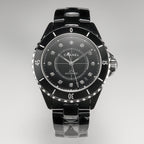 J12 Date Automatic Black Ceramic Diamond Numerals Black Dial Black Steel Hands