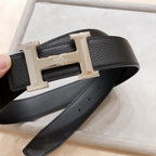 HM H D'ANCRE BELT BUCKLE & REVERSIBLE BLACK LEATHER STRAP 38 MM SILVER HARDWARE