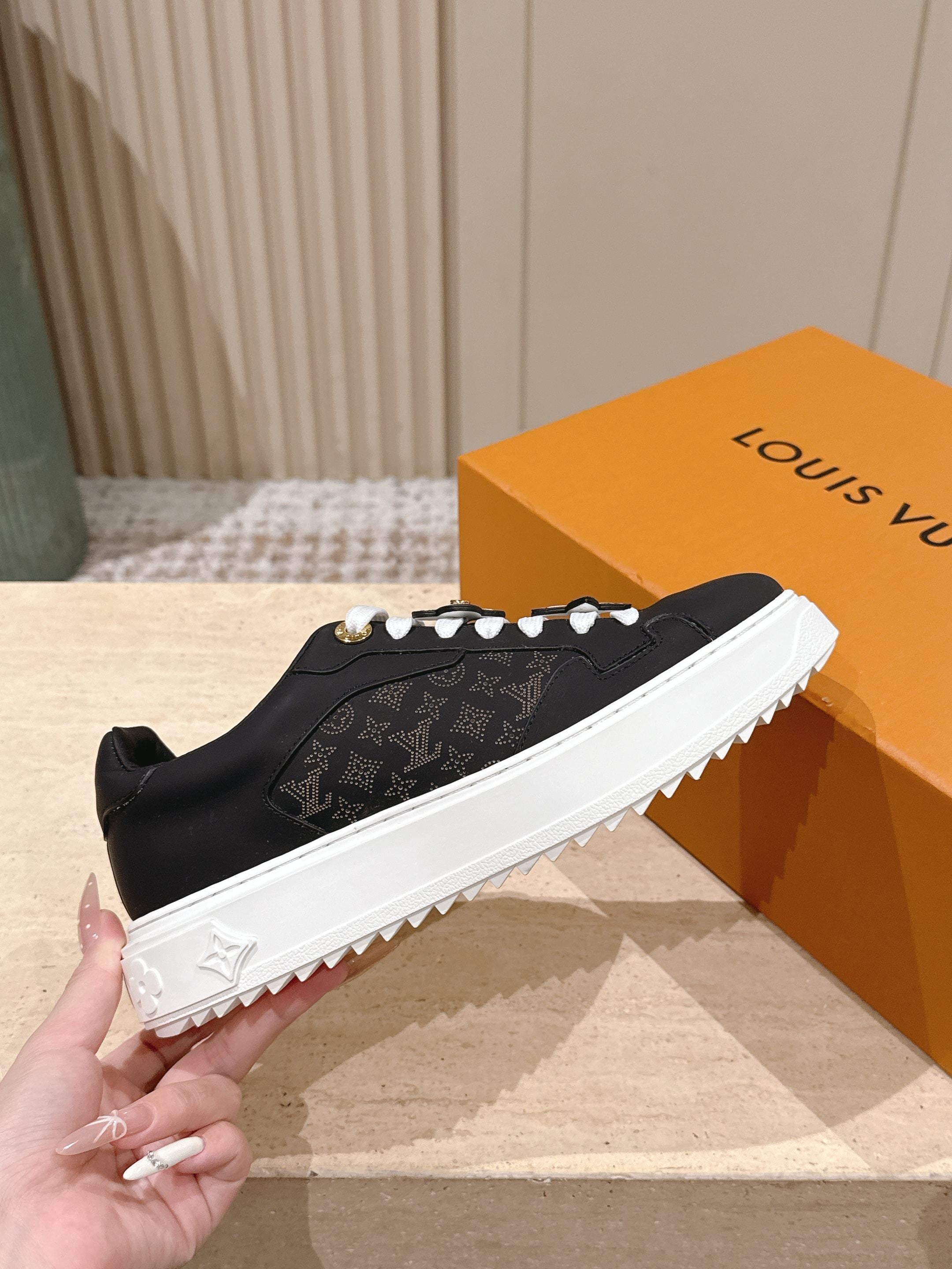 LV 1AICMB Time Out Sneaker Black Perforated Mahina Mongram Leather 555678