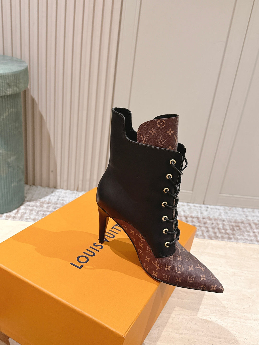 LV AW25 Ankle Boot Black Plain Calf Leather & Brown Monogram Canvas 555617