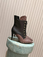LV AW25 Ankle Boot Black Plain Calf Leather & Brown Monogram Canvas 555617