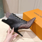 LV AW25 Ankle Boot Black Plain Calf Leather & Brown Monogram Canvas 555617