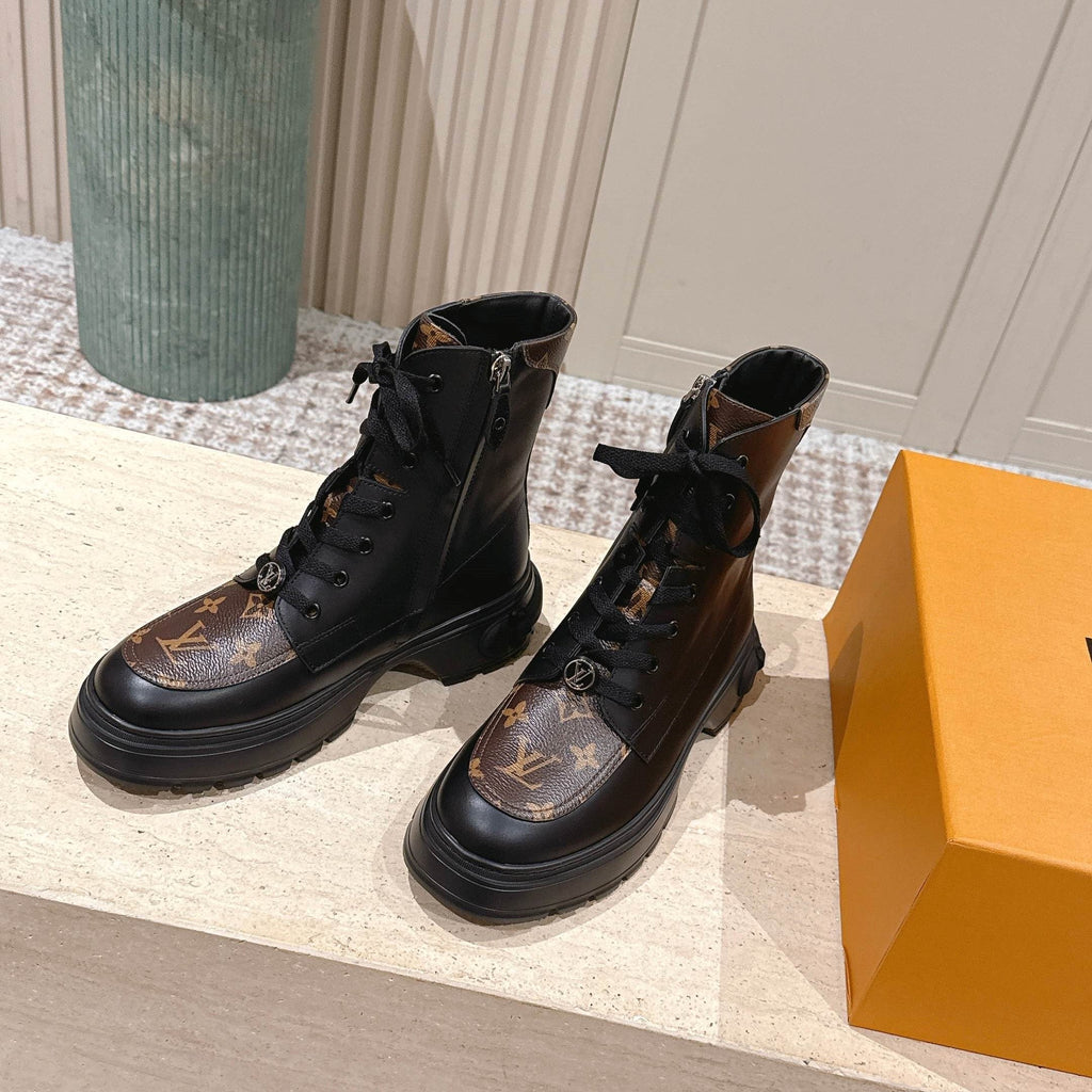 LV Squad Lace-up Ankle Boot 5cm Black Cowhide Monogram Canvas