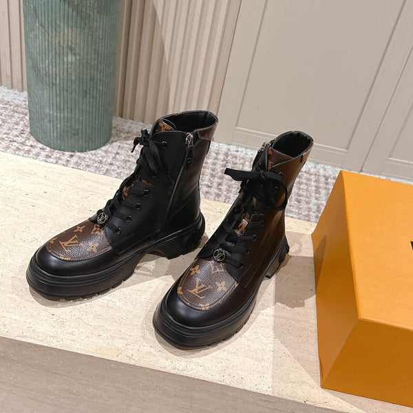 LV Squad Lace-up Ankle Boot 5cm Black Cowhide Monogram Canvas