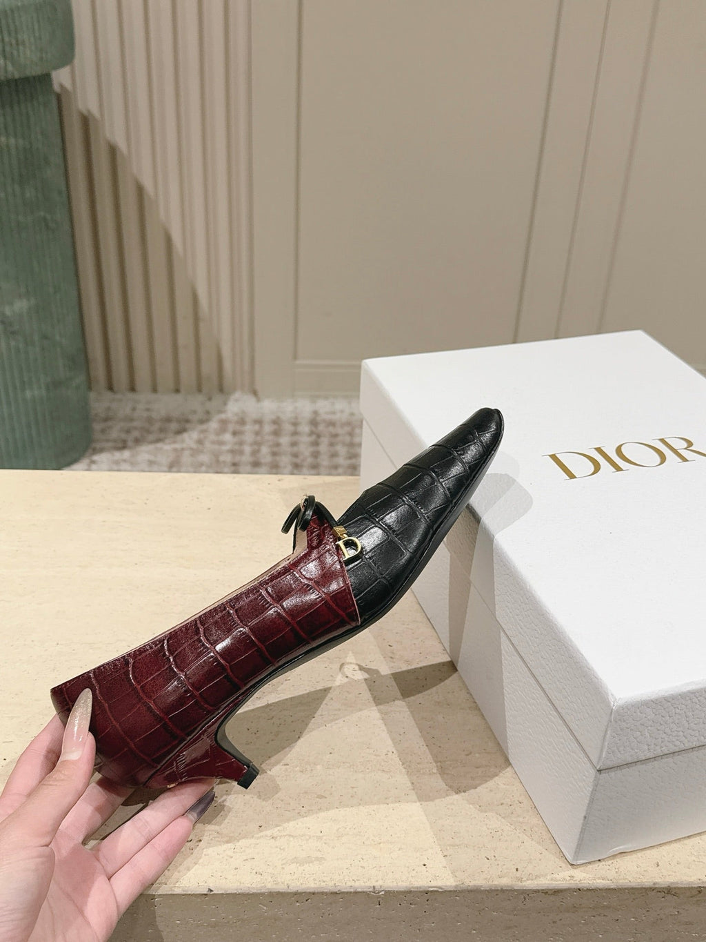 CD M  Pump 4cm Black Burgundy Crocodile-Printed Calfskin 694201