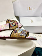 CD 26s Embroidered Sandals Pink Beige Multicolor Canvas Leather 683005