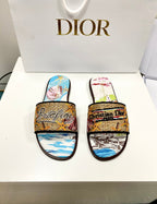 CD 26s Embroidered Sandals Blue Beige Multicolor Canvas Leather 683007
