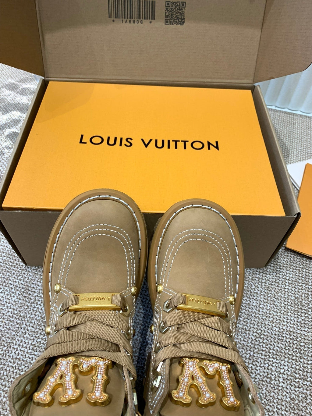 LV Checker Ankle Boots Beige Nubuck Calfskin
