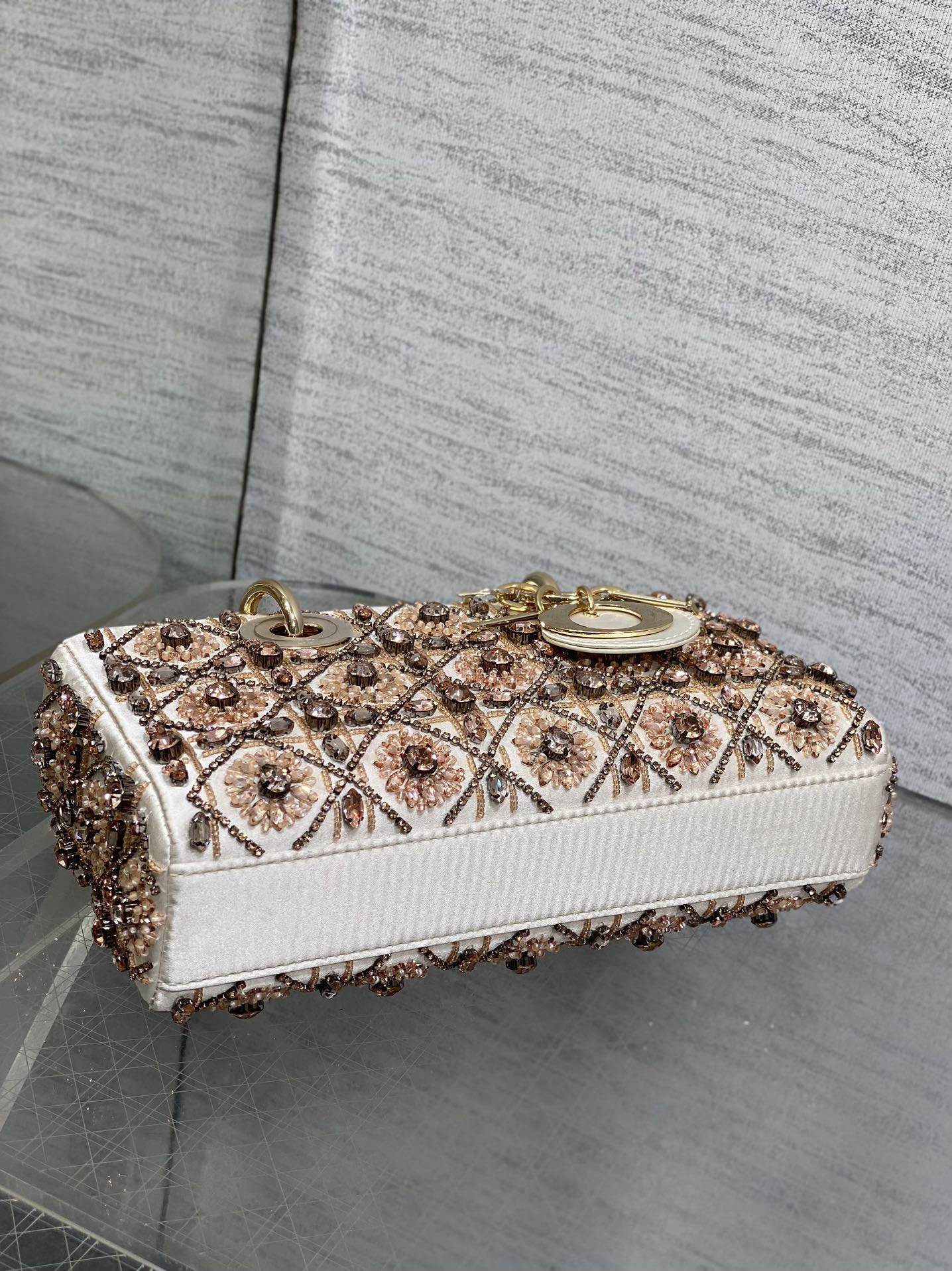 MINI 22 LADY BAG IN WHITE SATIN WITH COLORFUL EMBROIDERED BEADWORK
