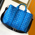 LV The Weekend Tote Bag 43cm Blue Monogram Canvas & Taïga Leather