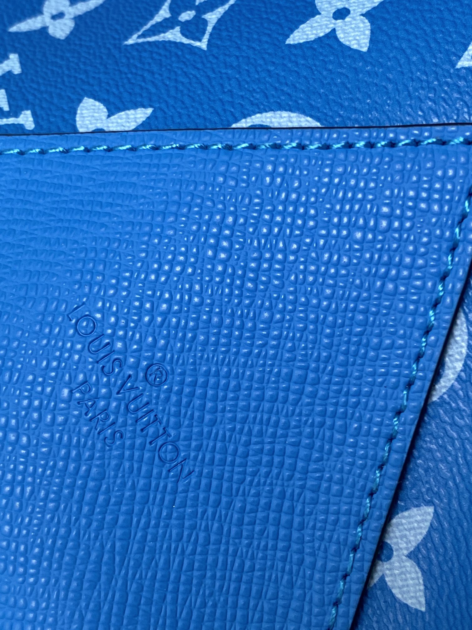 LV The Weekend Tote Bag 43cm Blue Monogram Canvas & Taïga Leather