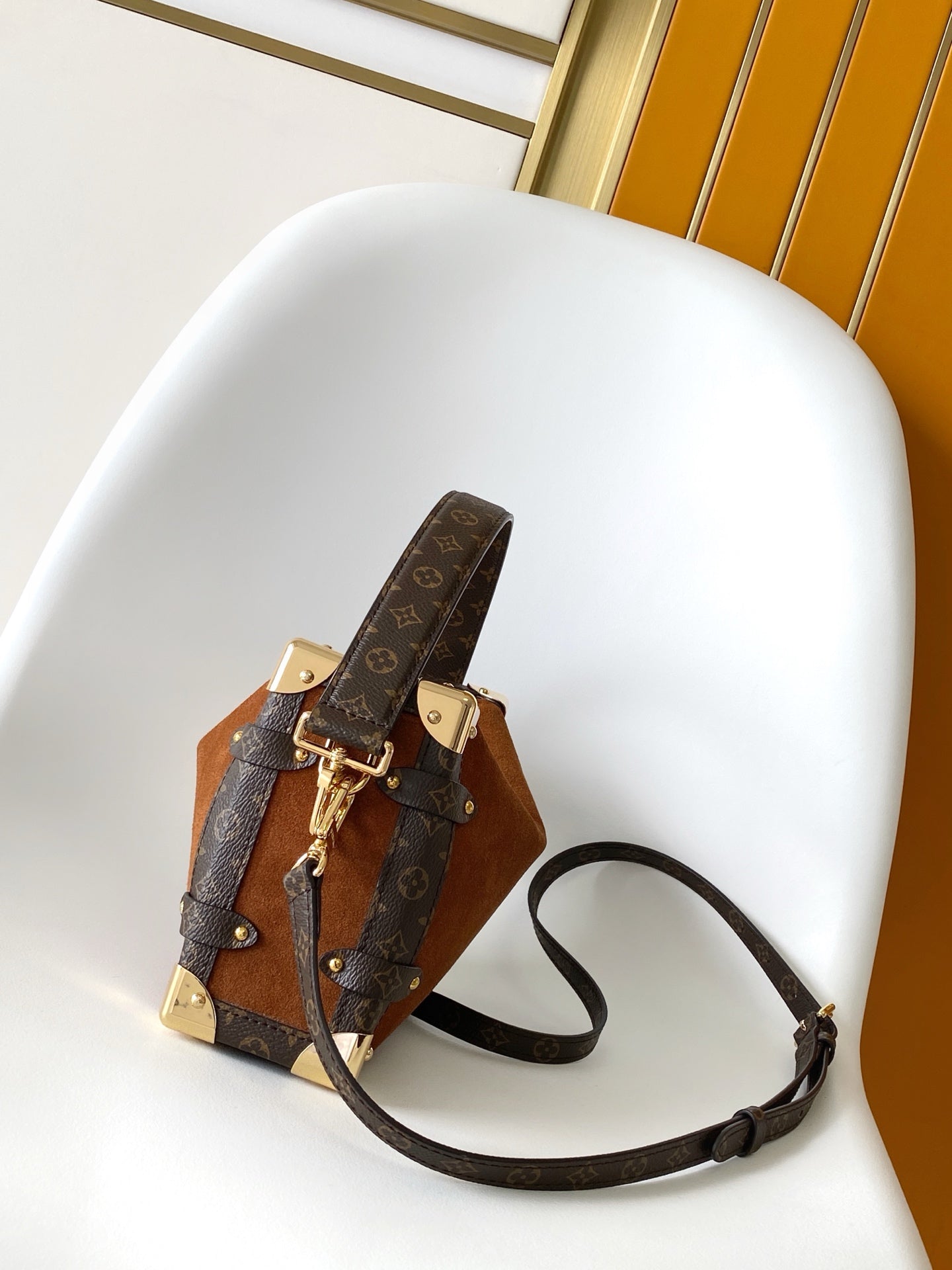LV Side Trunk MM 23.5cm Brown Suede Canvas