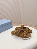 Double Buckle Strap Slides 20 Brown Suede