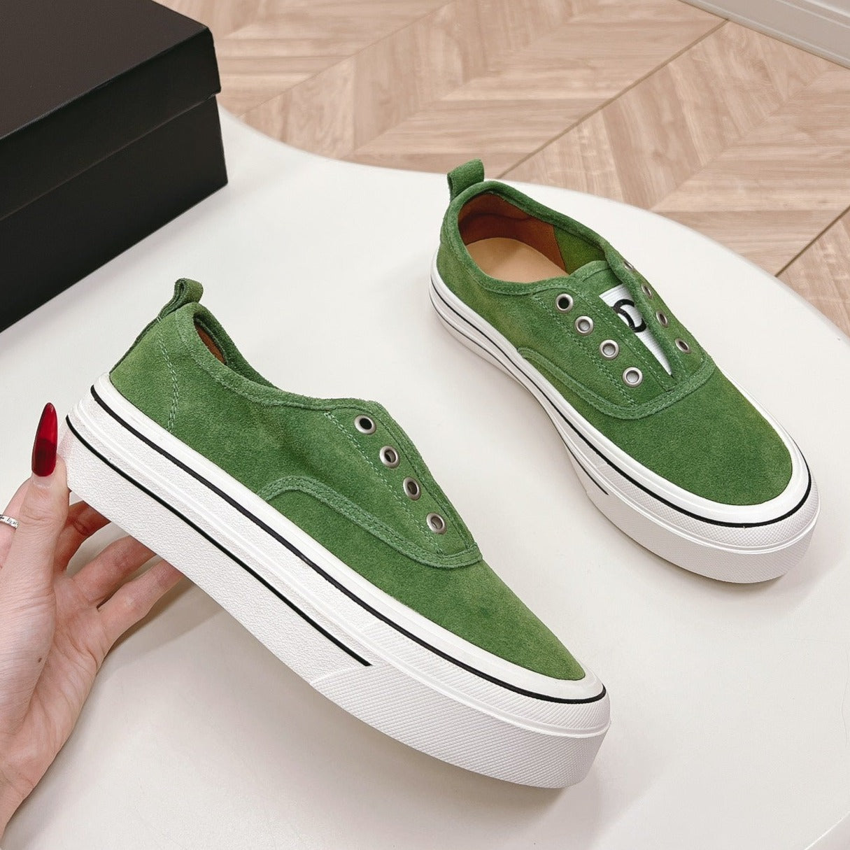 Double C Platform Biscuit Shoes Fabric Cool Green