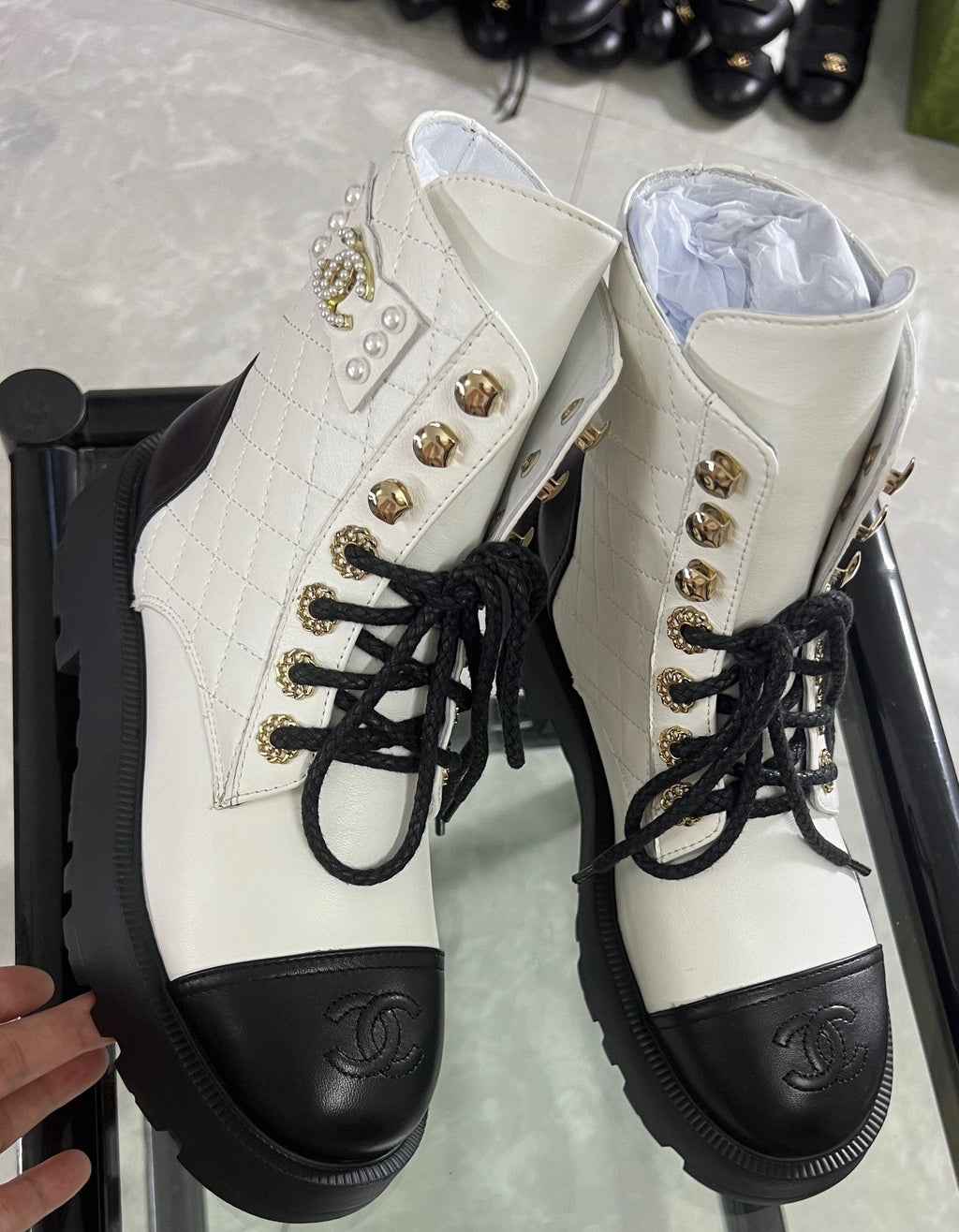 CC Combat Boots White Black Quilted Lambskin 944574