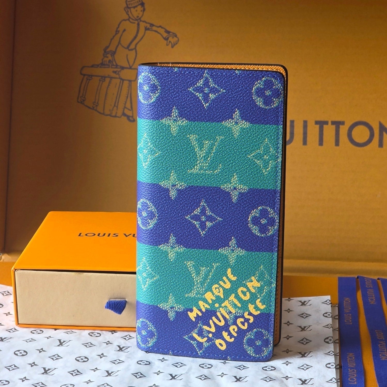 LV Brazza Wallet Dark Blue Teal Green Cowhide