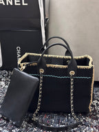 CC Deauville Tote Bag 32cm Beige Black Cotton Crochet Leather Handles