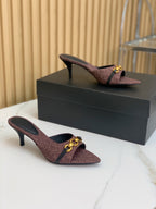 SL CHAIN ATTACH HEELED MULES BROWN DENIM