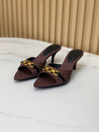 SL CHAIN ATTACH HEELED MULES BROWN DENIM
