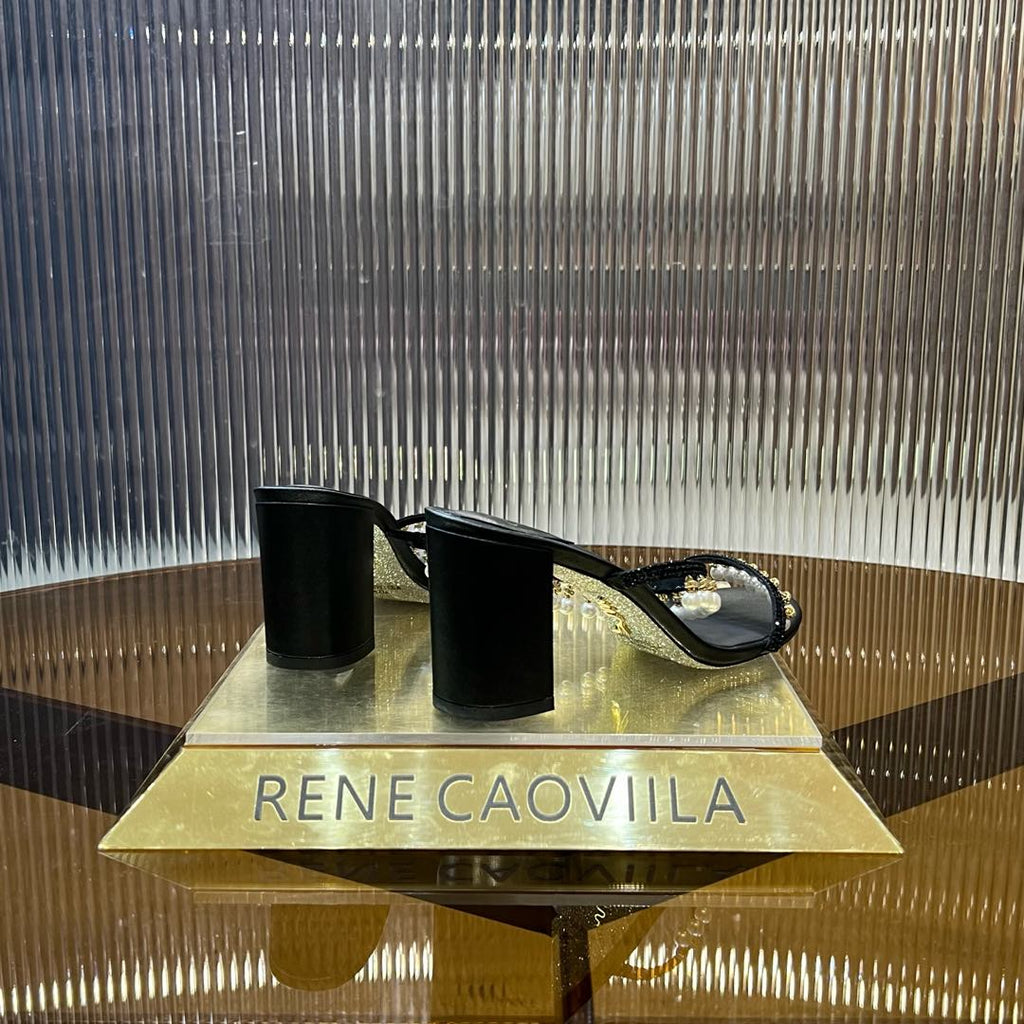 RC Gold Buckle Pearl Crystal Lamp Pendant Sandals 7.5 Black Sheepskin 174996