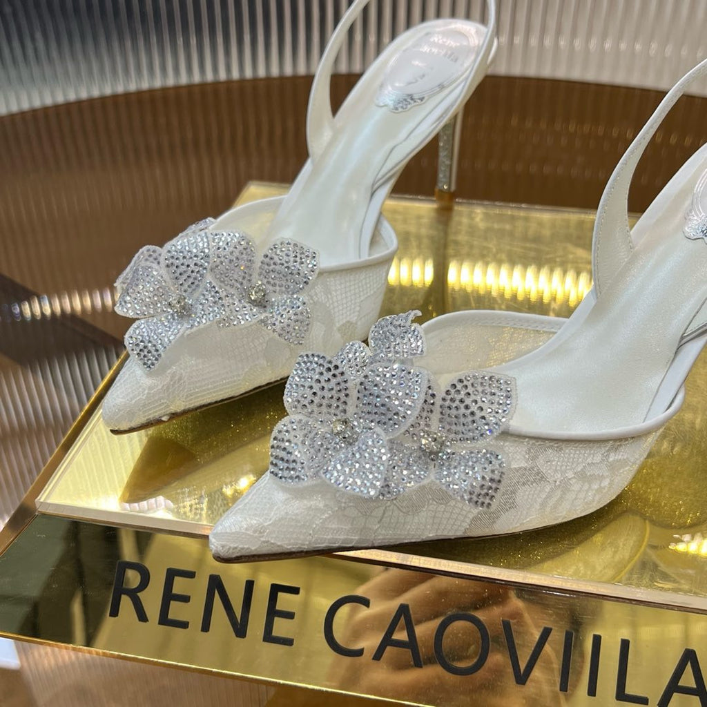 RC 25C Flower-Studded Diamond High-Heeled Sandals White Sheepskin 174905
