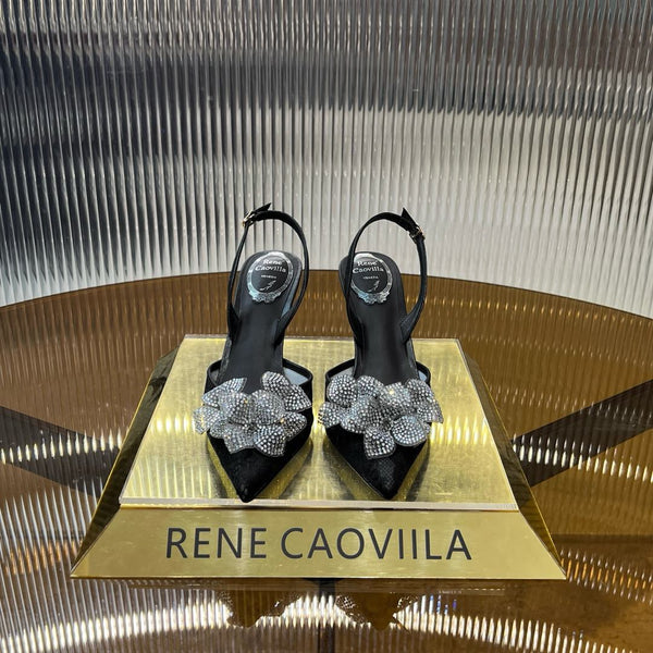 RC 25C Flower-Studded Diamond High-Heeled Sandals Black Sheepskin 174909