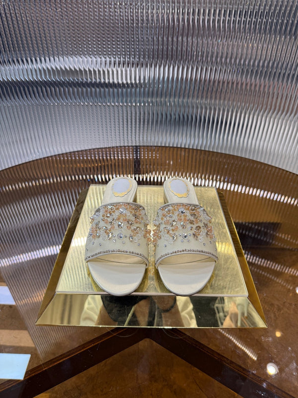 RC 25C Butterfly Flower Sandals Slippers Light Gold Sheepskin Rhinestone 275766