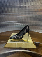 RC 25C Crystal Pearl Gem Lace High Heels Black Sheepskin 275754