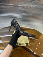 RC 25C Crystal Pearl Gem Lace High Heels Black Sheepskin 275754