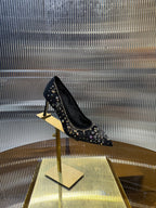 RC 25C Crystal Pearl Gem Lace High Heels Black Sheepskin 275754