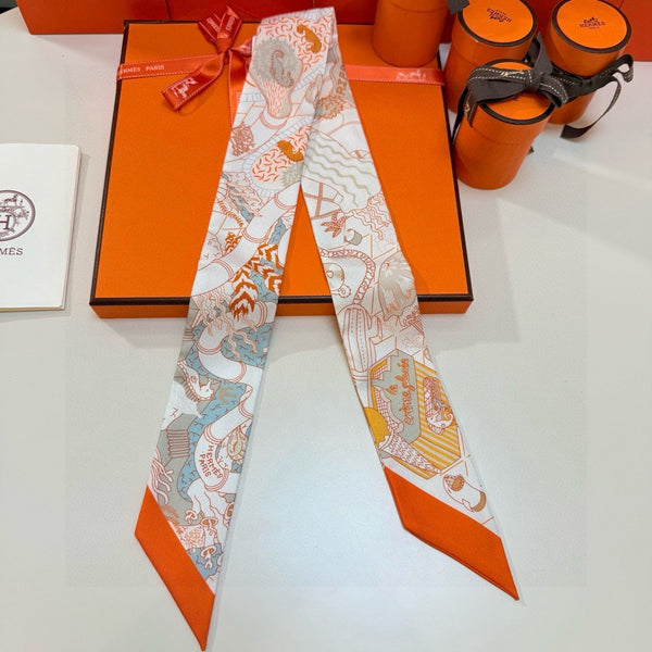 HM Twilly Mini Scarf 86CM Beige Orange Colorful Mulberry Silk 957047