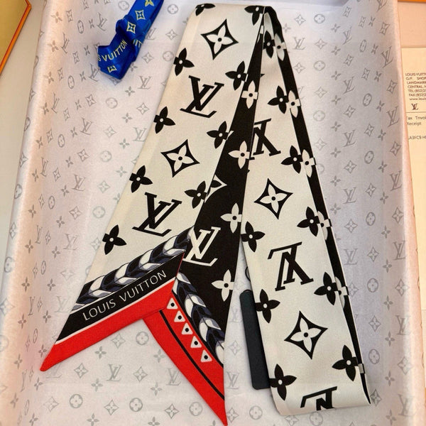 LV  Twilly Mini Scarf 120 Black Beige Silk Twill 967459