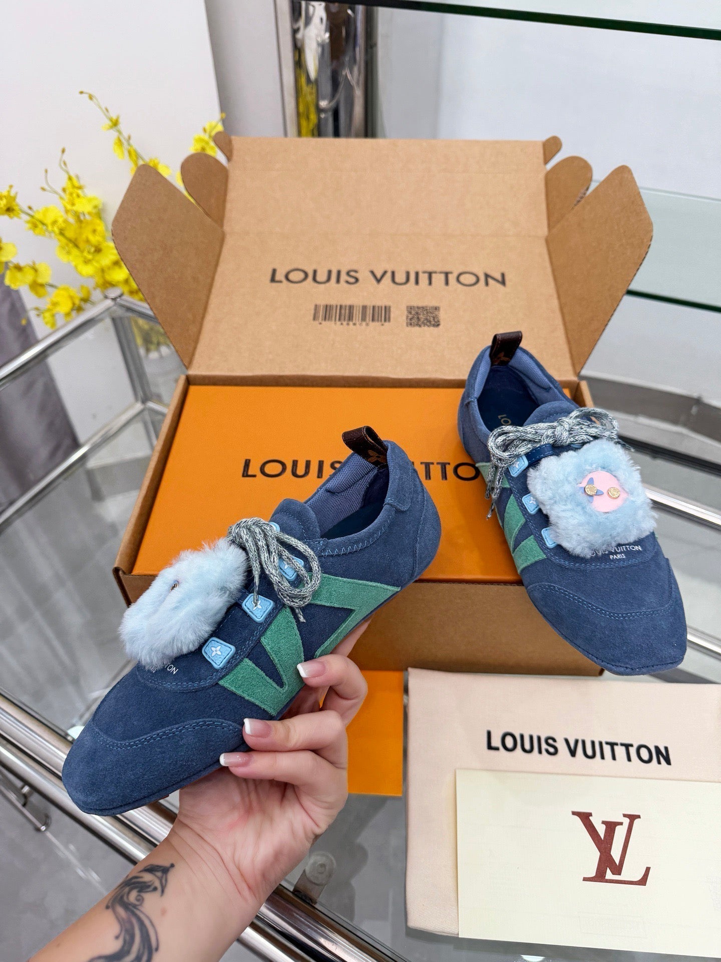 LV Sneakerina Dark Blue Mint Green Suede Fur 579933