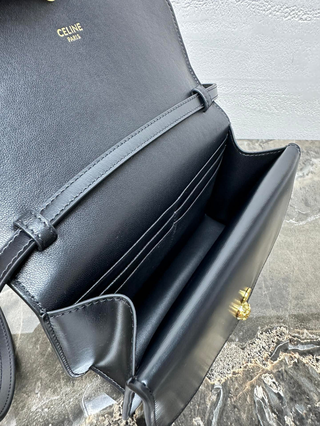 Celin Duo Wallet On Strap Triomphe Black Calfskin