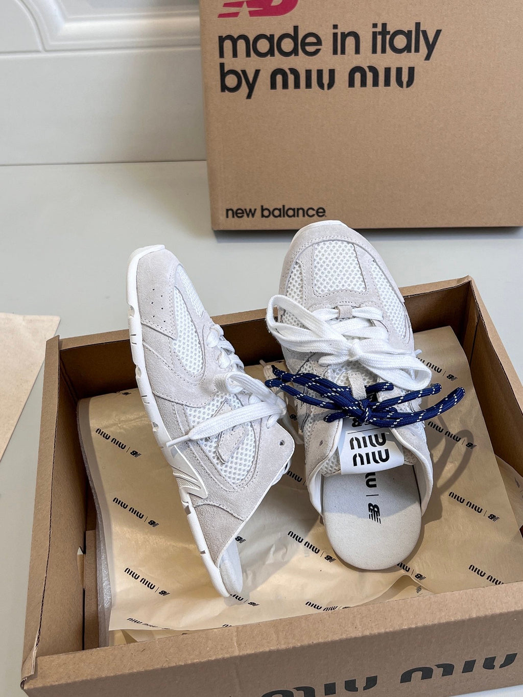 Miu x NB 530 SL Mules White Grey Mesh Suede 642519