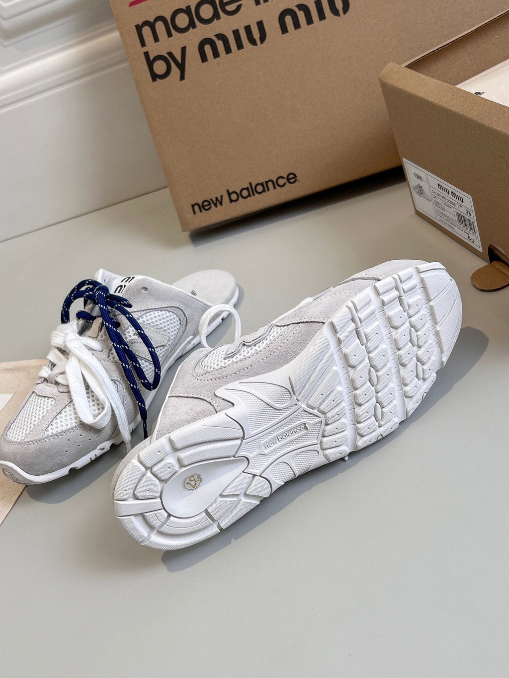 Miu x NB 530 SL Mules White Grey Mesh Suede 642519