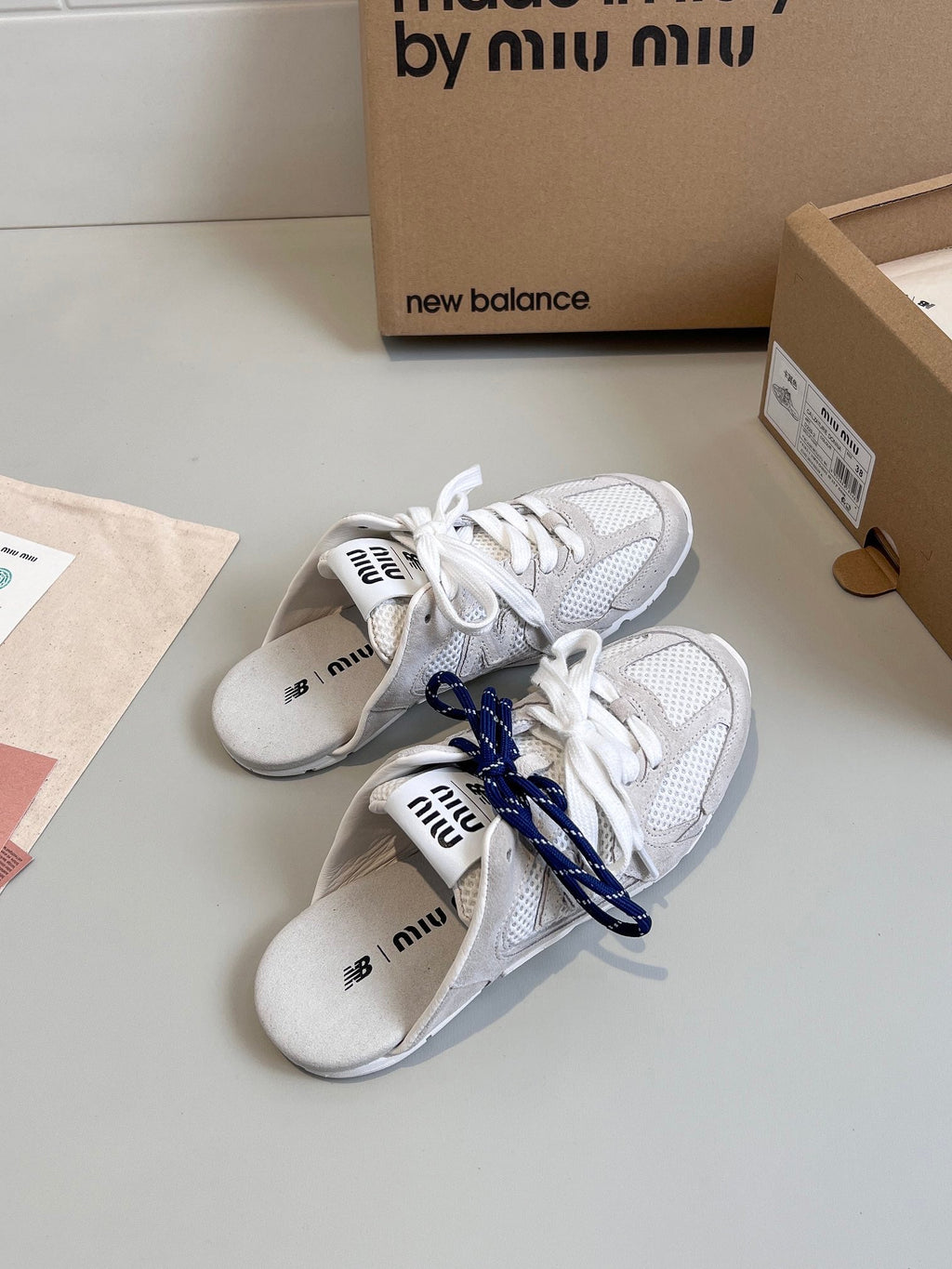 Miu x NB 530 SL Mules White Grey Mesh Suede 642519
