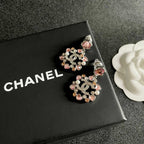 DOUBLE C STUD EARRINGS IN SILVER METAL WHITE & PINK STONES