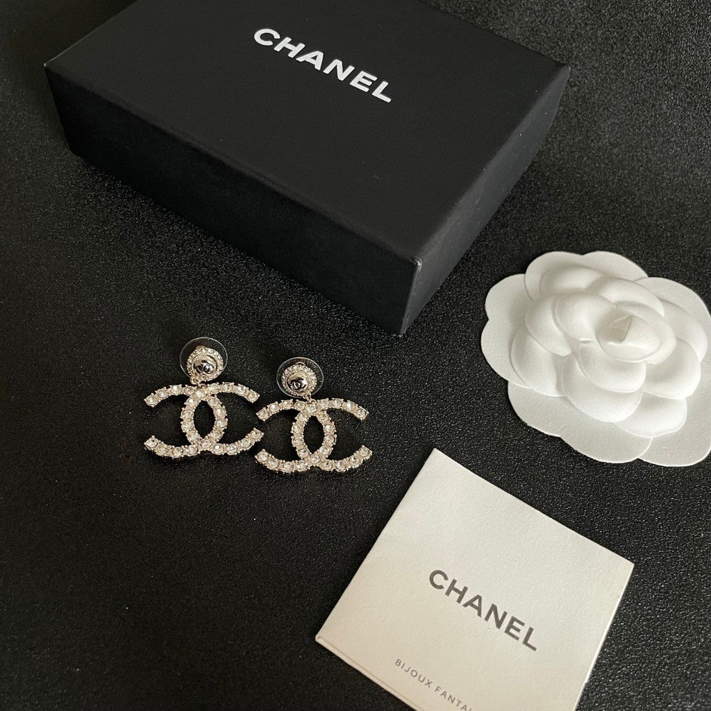 DOUBLE C STUD EARRINGS IN GOLD METAL FULLY EMBELLISHED CRYSTALS