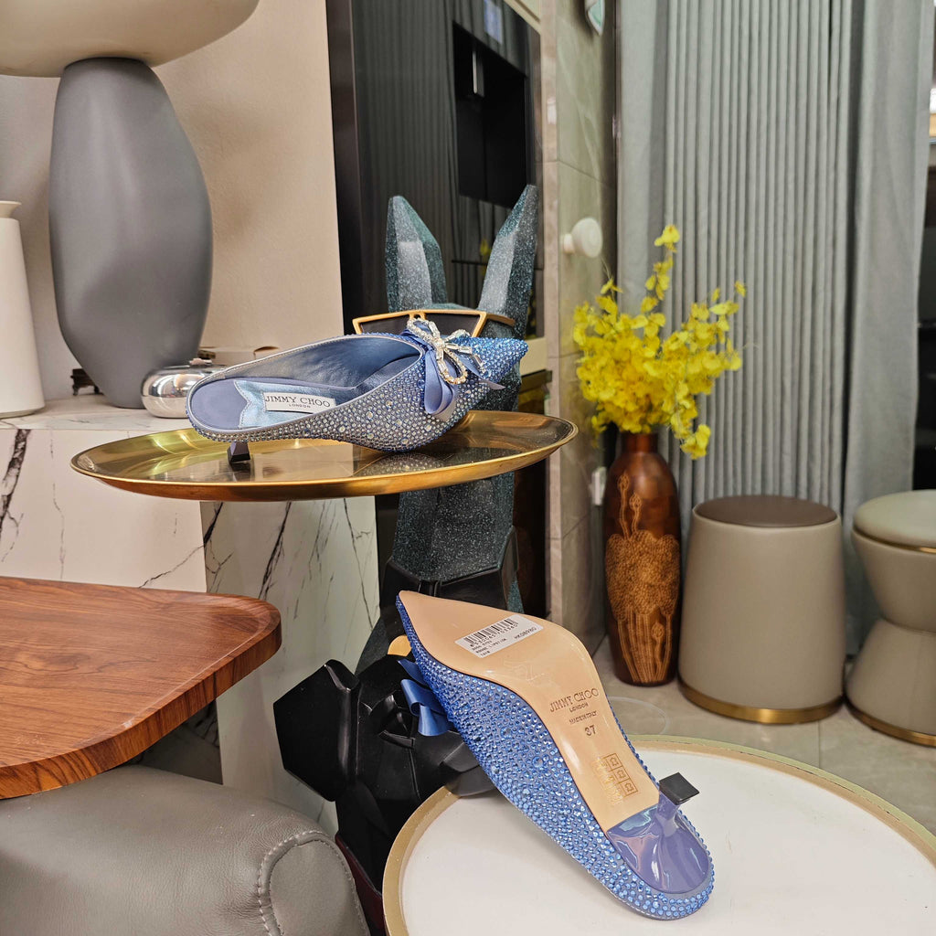 Jimmy 26s Crystal Slipper 45 Blue Silk Satin Cowhide 596342