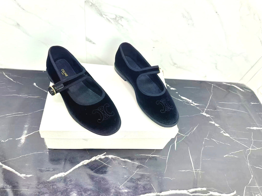 Celine 25 Eve Triomphe Ballet Flat Blue Velvet 547726