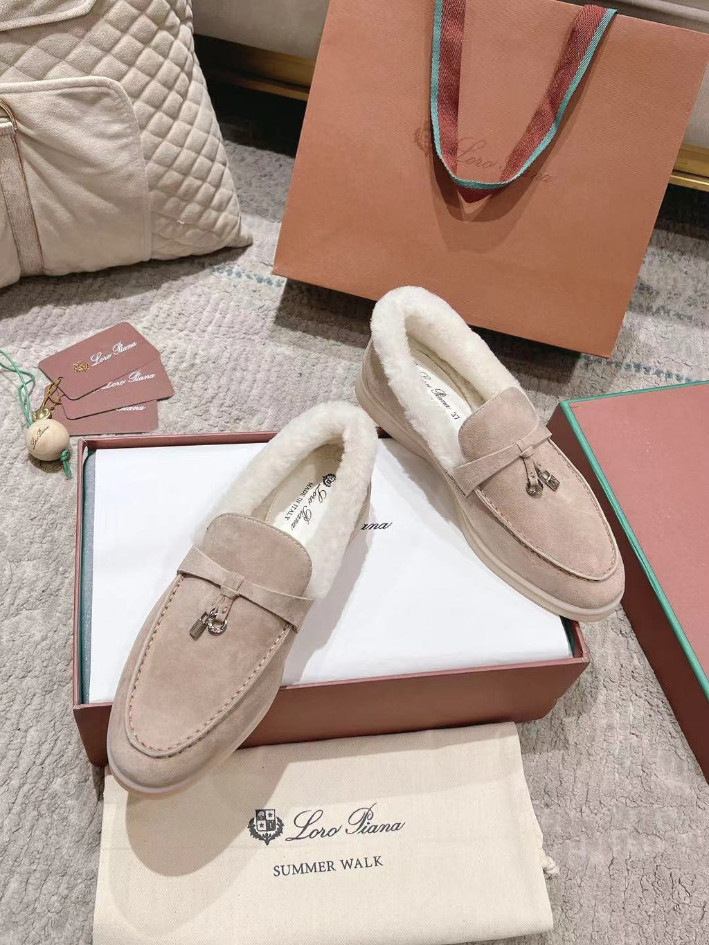 LP Summer Charms Walk Loafers Light Brown Beige Mix White Suede With Rabbit Fur Lining 206250