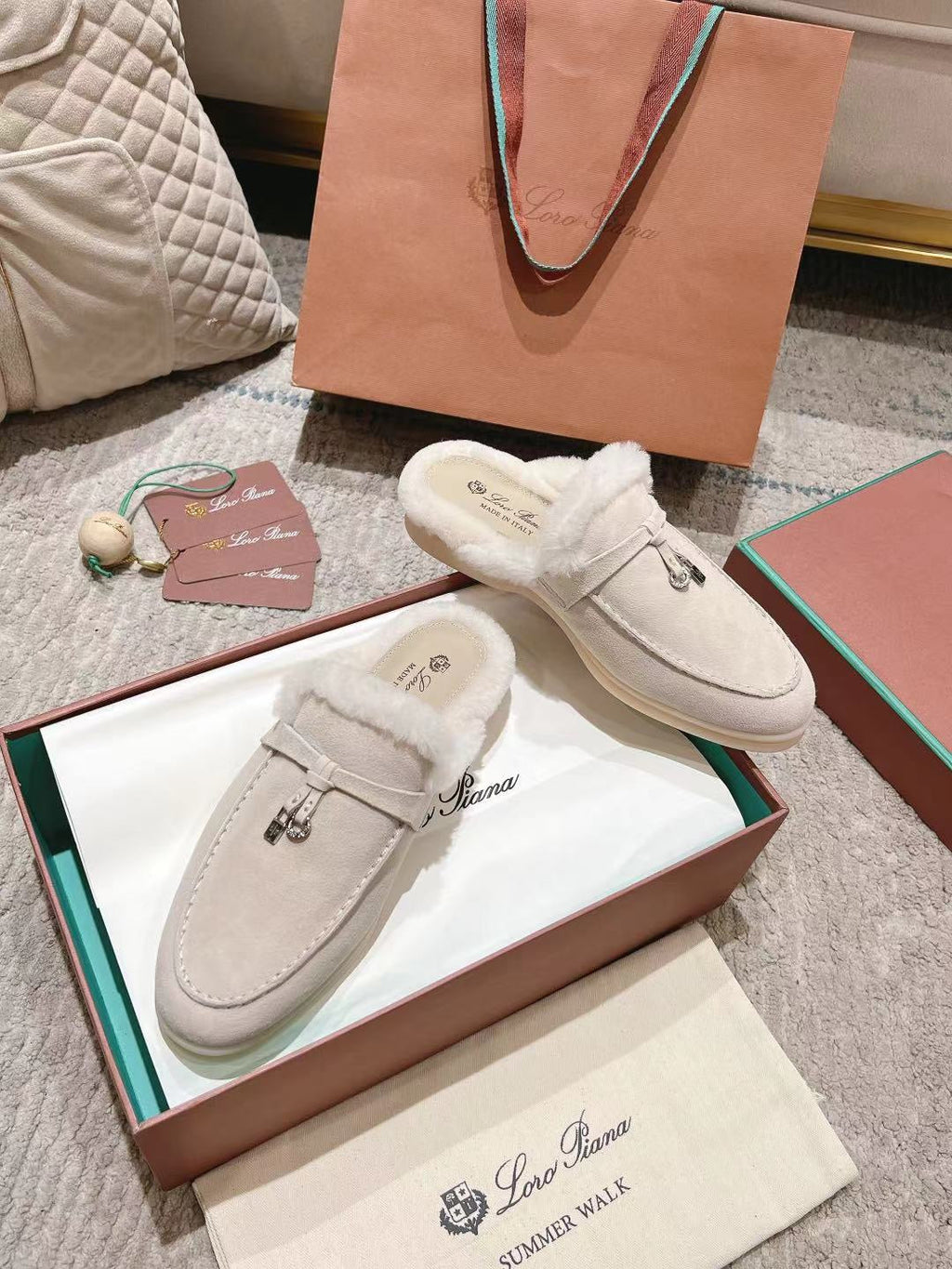 LP Charms Walk Babouche Loafer White Suede With Rabbit Fur Lining 206231