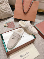 LP Charms Walk Babouche Loafer White Suede With Rabbit Fur Lining 206231