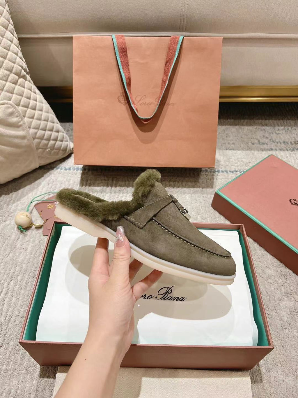 LP Charms Walk Babouche Loafer Army Green Suede With Rabbit Fur Lining 206233