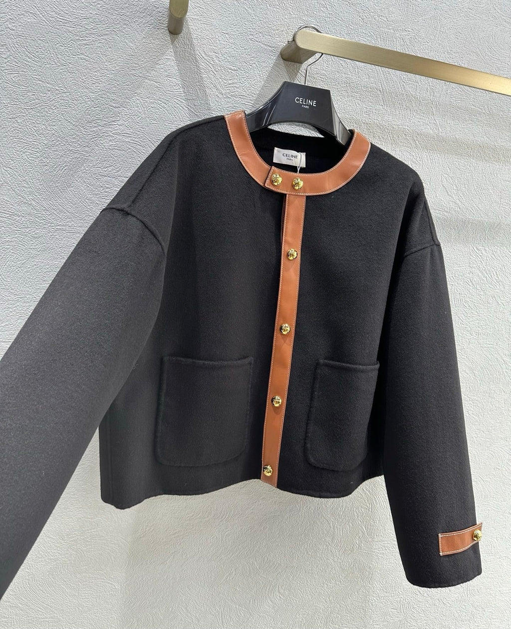 Celine 25 Round Neck Arc de Triomphe Jacket Black Brown Cashmere