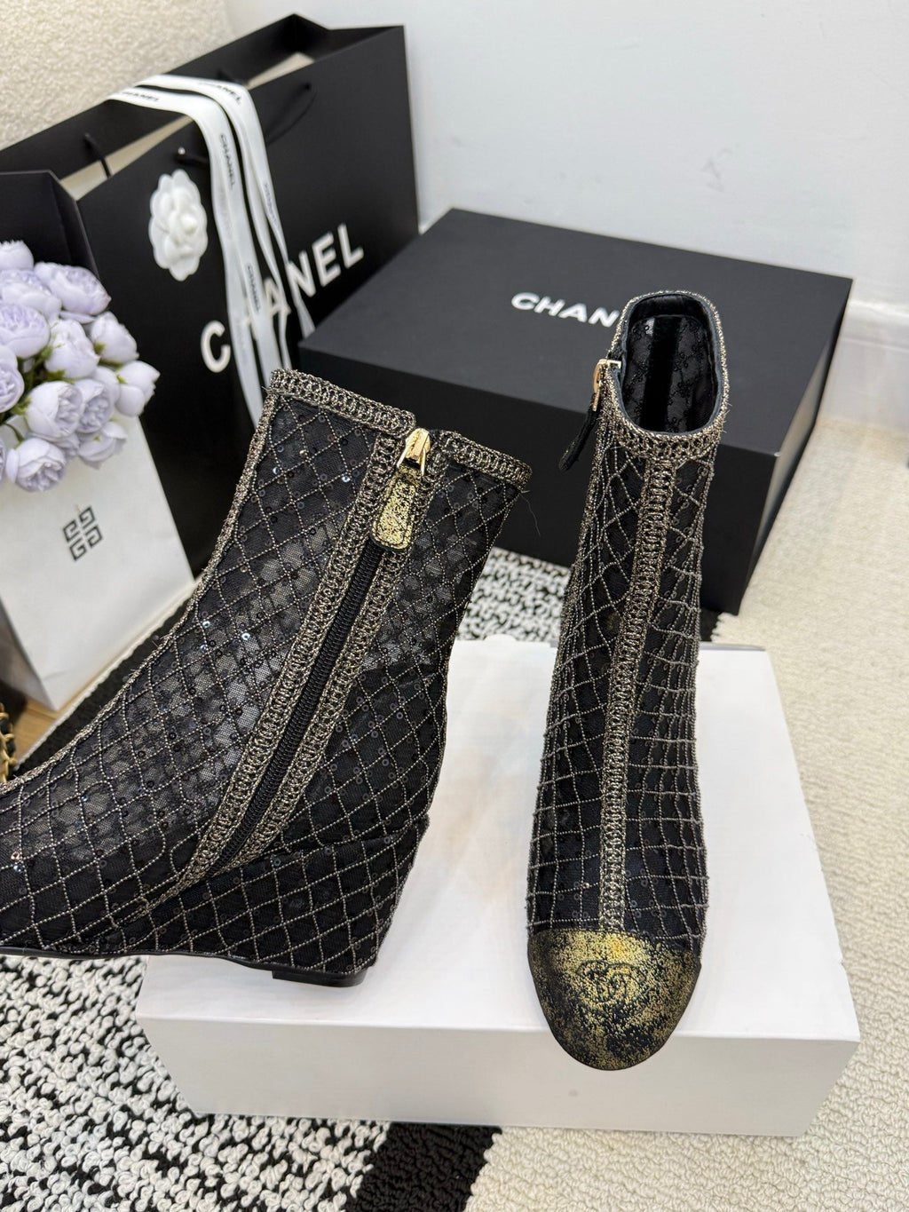 CC 26 Wedge Heel Boot Black Mesh Leather 588857