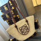 LOE SMALL ANAGRAM BASKET 28 BAG IN NATURAL MIX BROWN IRACA PALM AND CALFSKIN